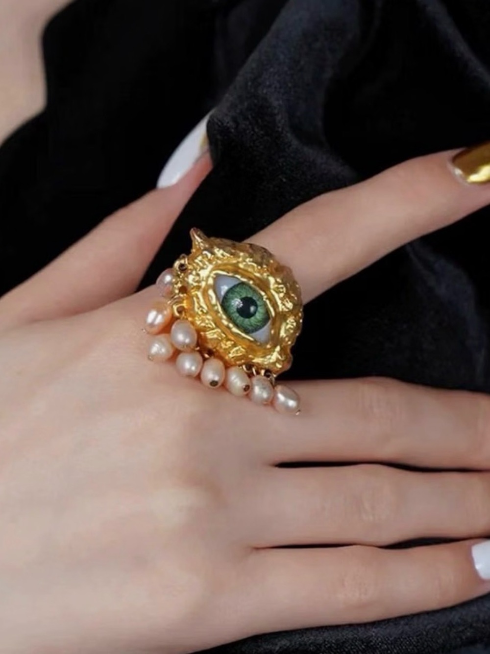 Gold Green Eye Adjustable Statement Ring with Pearl Drops
